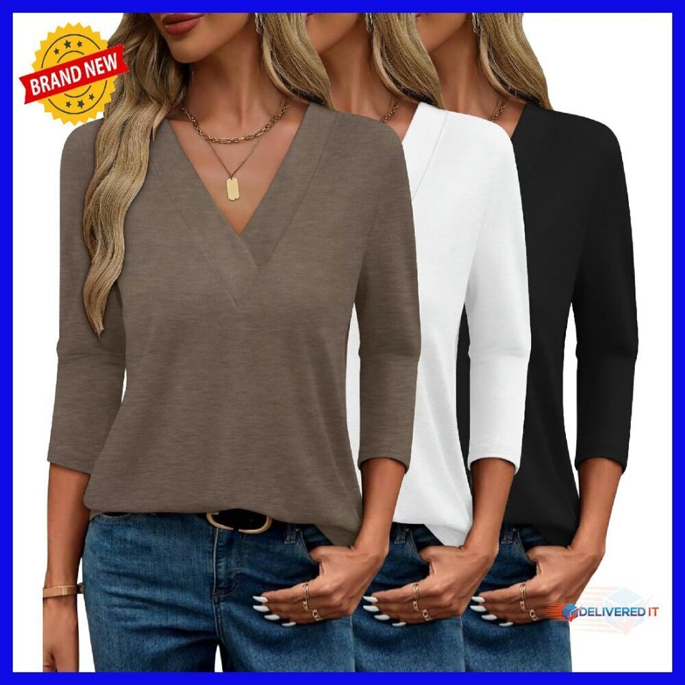 3 Pack V-Neck 3/4 Sleeve Loose T-Shirts Premium Blend Business Casual